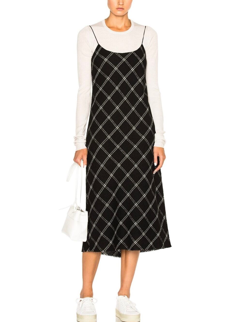 Tibi Salome Plaid Wool Blend Bias Slip Dress Black Silk Lined Size 10 Midi